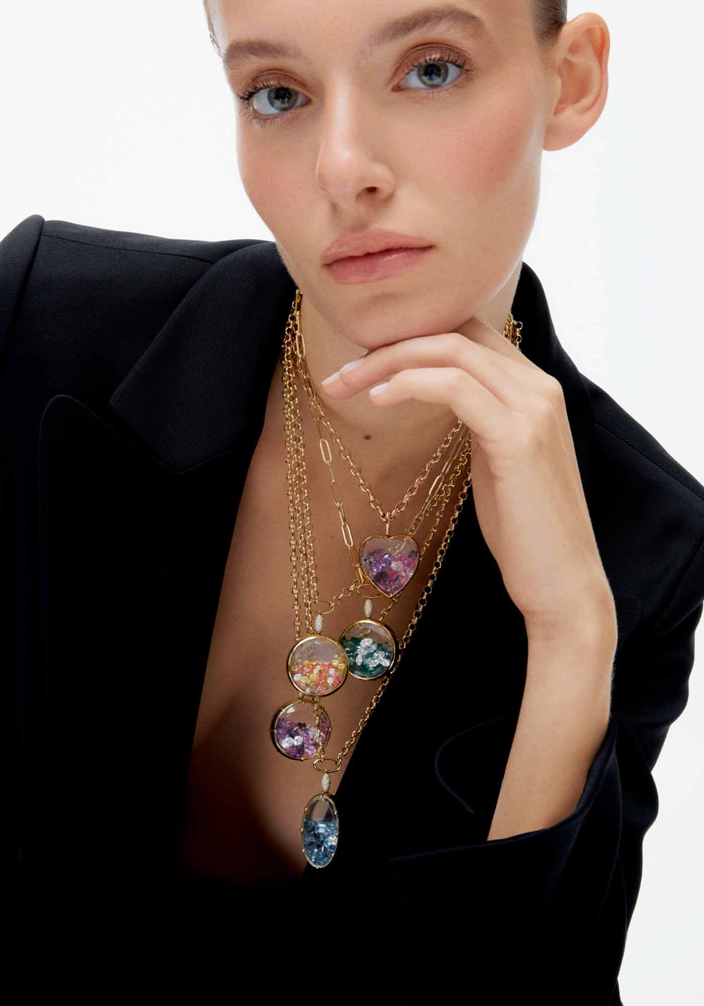 Round Medallion Necklace with Pink and Purple Crystals ( with Claw Detail)